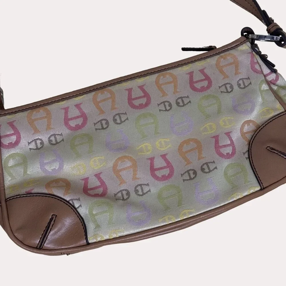 Etienne Aigner Canvas Faux Leather Satchel Purse Logo